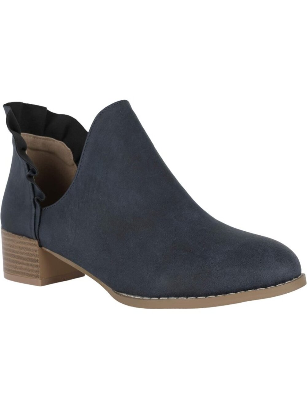 Women's Navy Faux Leather Fall Cutout Low Stacked Ruffle Slip On Ankle Booties - Picture 5 of 5